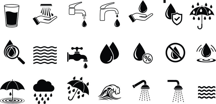 Water related icons and symbols in black and white collection