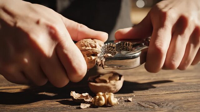 Hands preparing to crack shelled nut with metallic tool on wooden surface