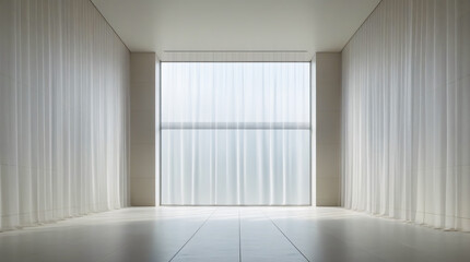Obraz premium Room. Large square window, covered by sheer floor-to-ceiling curtains. Soft diffused skylight. Uniform luminous surface, subtle folds, fine-weave detail. CGI, compositing, interior design, photography
