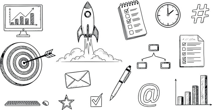 Hand drawn business icons on white background for stock