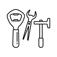 Collection of hand tools including a bottle opener, wrench, and hammer, isolated on