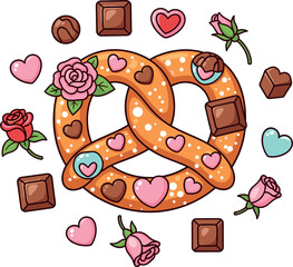 Sweet pretzel decorated with chocolate hearts and roses for valentine s day