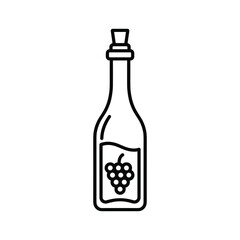 Line drawing of a bottle with a grape label, suitable for wine or vinegar, isolated on white