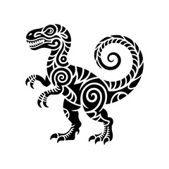 Silhouette of a velociraptor dinosaur with maori or tribal spiral pattern tattoo design.