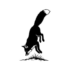 Silhouette of a jumping red fox pouncing on grass.