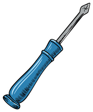 Stylized cartoon drawing of a blue handled awl tool with a pointed metal tip
