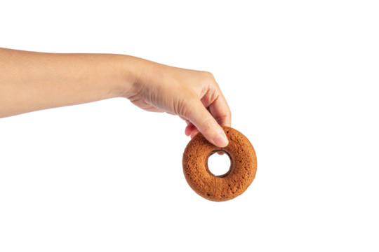 Chocolate round donut in hand on transparent background