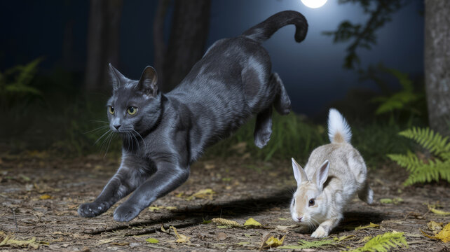 A grey cat mid-leap hunting a small rabbit in a moonlit forest.