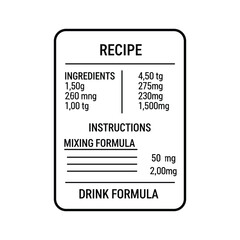 Outline drawing of a generic recipe card with ingredients and instructions, cooking formula, isolated on