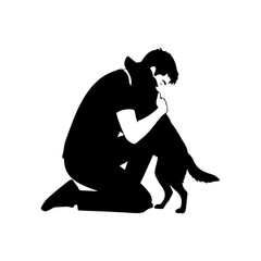 Silhouette of a man kneeling or hugging a dog.