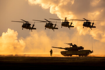 Military helicopters fly in formation over a lone soldier and tank at sunset.