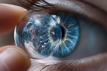 Captivating close-up of an eye touching a glass orb reflecting a cosmic universe
