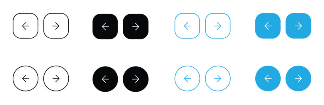 Web interface navigation buttons icon set. Slider arrow buttons symbols. Next and previous round buttons for app. Simple website arrow buttons in three different styles isolated collection.