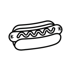 A simple line art illustration of a hot dog with mustard in a bun, a classic fast food item