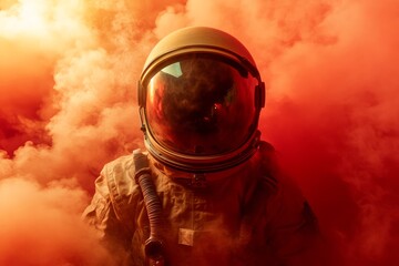 Astronaut in white suit stands in bright orange smoke, dramatic lighting. Helmet reflects fiery hues, creating intense atmospheric scene. Neural network AI generated