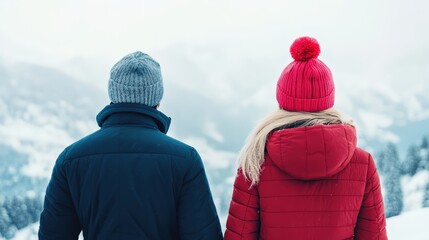 Rear view couple standing together, looking at snowy mountains, finding warmth and connection in a winter wonderland