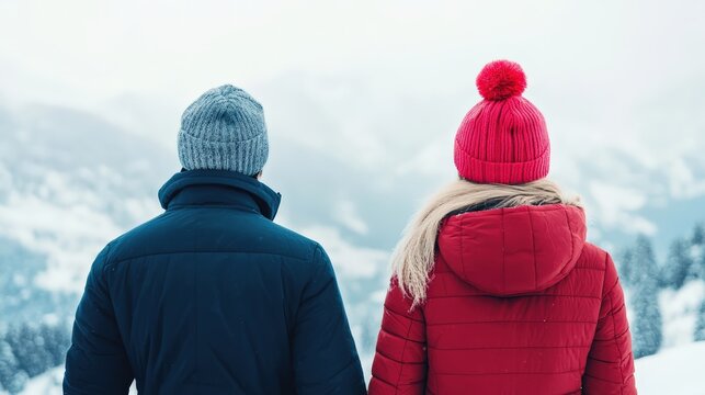 Rear view couple standing together, looking at snowy mountains, finding warmth and connection in a winter wonderland