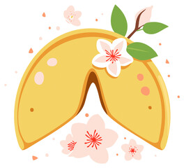 Naklejka premium Stylized fortune cookie illustration surrounded by delicate pink cherry blossoms and petals
