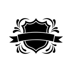 Silhouette of a vintage heraldic shield crest with blank banner ribbon.
