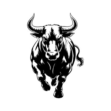 Silhouette of a charging bull or steer running directly forward.