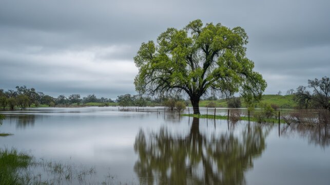 A lone tree stands in a flooded field under a cloudy, overcast sky