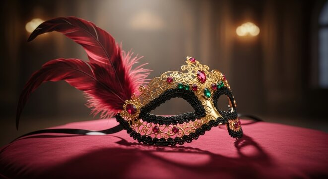 Ornate masquerade mask adorned with vibrant feathers and jewels, resting elegantly on a plush surface, capturing the essence of celebration and mystery in a festive atmosphere
