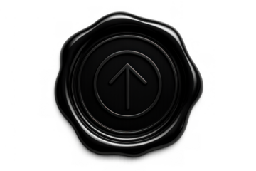 Black wax seal with an upward arrow symbol, representing progress, upload, or future direction, on a transparent background