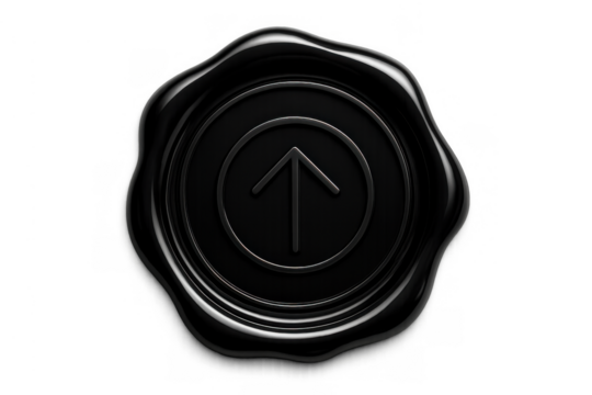 Black wax seal with an upward arrow symbol, representing progress, upload, or future direction, on a transparent background - Powered by Adobe