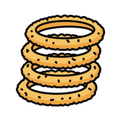 Stack of crispy golden onion rings, a popular fried snack or appetizer, perfect for fast food menus