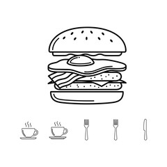 Line art icon of a breakfast burger with egg and bacon, accompanied by coffee cups and cutlery symbols