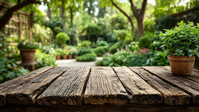 Premier plan avec planches en bois, et arrière plan avec jardin 