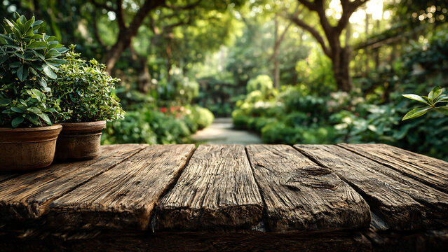 Premier plan avec planches en bois, et arrière plan avec jardin 