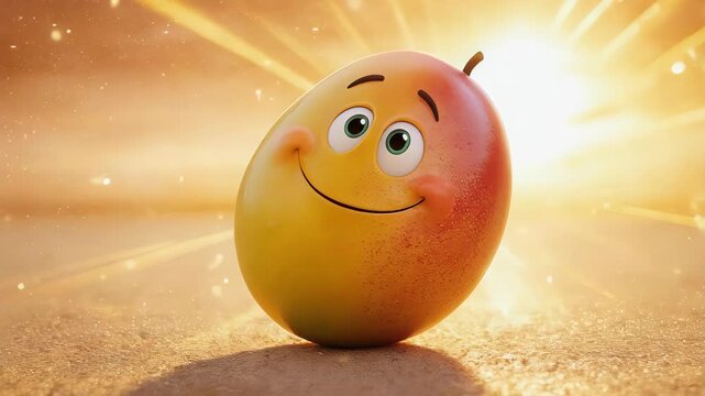 Cheerful animated mango with bright sunburst background