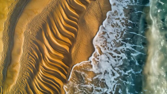 Aerial view of sandy beach with ocean waves and sand patterns