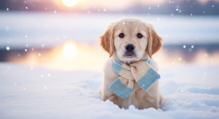 Cute Puppy in Woolen Scarf in Soft Winter Scene
