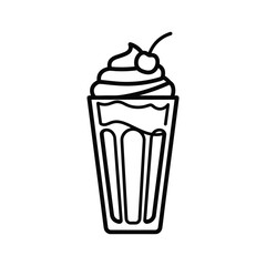 Milkshake with whipped cream and cherry, sweet drink, line art illustration isolated on