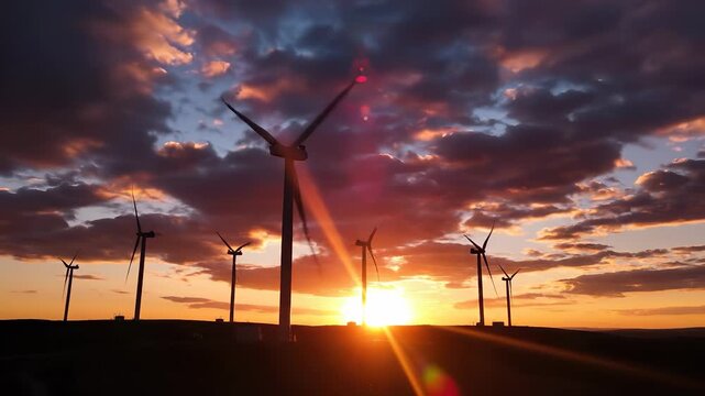 Wind turbines spin slowly against the backdrop of a stunning sunset, casting long shadows across the landscape. The vibrant skies and towering wind turbines create a harmonious sce