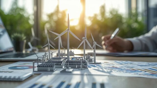 Renewable energy engineer reviewing wind farm planning models with miniature turbines and solar diagrams under bright sunlight in a modern workspace - Powered by Adobe