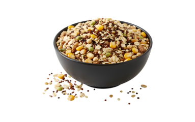 A mix of cereals and grains in a black bowl against a white backdrop, showcasing soybeans, wheat, corn, and a variety of healthy grains perfect for a nutritious breakfast or cooking.
