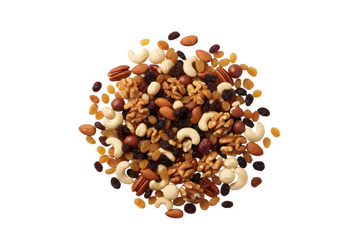 A variety of nuts mixed with raisins, all isolated on a white surface