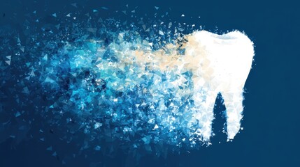 Artistic representation of a tooth dissolving against a blue background with geometric fragments