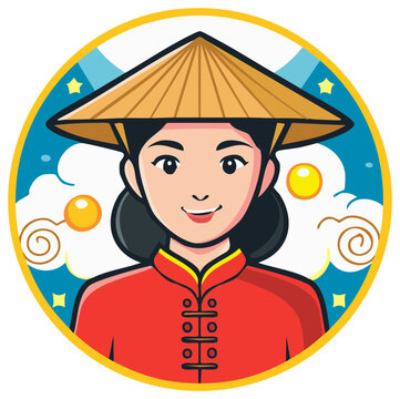 Cheerful Asian woman in a traditional conical hat and red tunic, a celestial avatar illustration