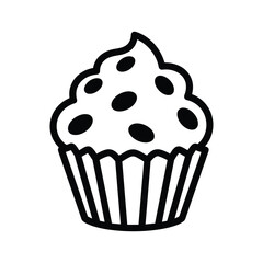 Simple black and white outline drawing of a cupcake with sprinkles, isolated on