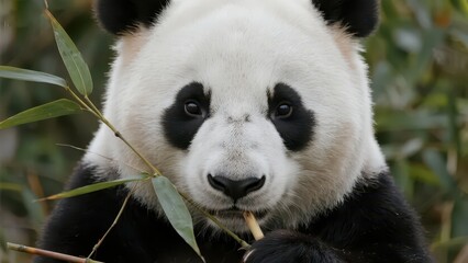Fototapeta premium A giant panda eats bamboo, presenting a cute animal form and a fresh natural aesthetic atmosphere.
