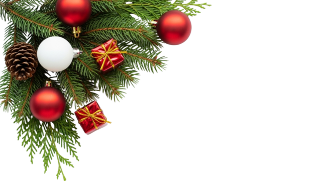 Christmas fir tree corner with red baubles and gifts isolated on white or transparent png