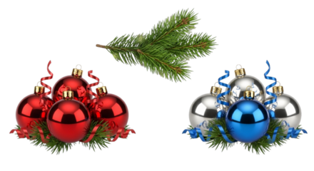 set of christmas balls with fir tree branch decoration isolated on white or transparent png background