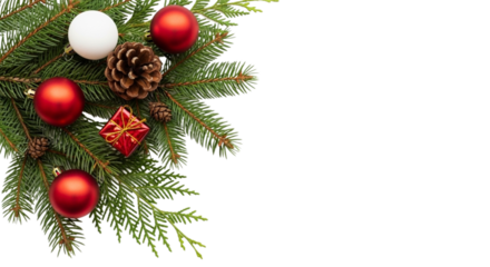 christmas fir branch corner with red baubles gift box and pine cone isolated on white or transparent png