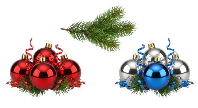 set of christmas balls with fir tree branch decoration isolated on white or transparent png background