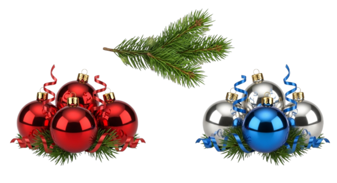 set of christmas balls with fir tree branch decoration isolated on white or transparent png background