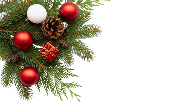 christmas fir branch corner with red baubles gift box and pine cone isolated on white or transparent png